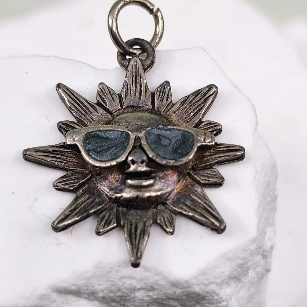 Vintage Silver Tone Sun Face Sunglasses Pendant Charm Celestial Boho Jewelry